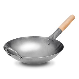 Craft Wok Traditional Hand Hammered Chinese Carbon Steel Wok with Wooden and Steel Helper Handle (12 Inch, Round Bottom Pow Wok Pan) / 731W88-12in