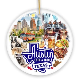 Artistic Austin Texas Christmas Ornament, Unique Ceramic Keepsake Souvenir and Gift (Circle)