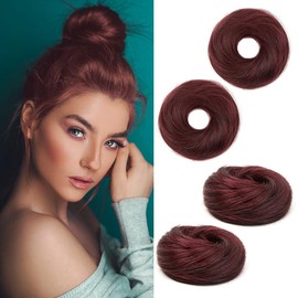 TANJET Messy Bun Hair Piece 100% Real Human Hair #99J Scrunchies Natural Curly Updo Elastic Rubber Band Hairpieces Donut Chignon Wrap On Instant Burgundy (#99J Wine Red 2PCS)