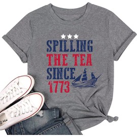SUEOSU 4th of July Patriotic Shirt for Women American Flag Tshirt Spilling The Tea Since 1773 Shirt Boston Tea Party Tees.(Grey-2,L)