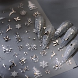 Christmas Nail Sticker 5D Embossed Sliver Reindeer Xmas Tree Snowflake Nails Art Sticker Self Adhesive Nail Decals Holiday Nail Art for Women Manicure Supplies Nails Art Decorations