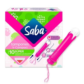 Saba Tampones Super Con Aplicador Compacto, Flujo Abundante, 10 Piezas                                                                                