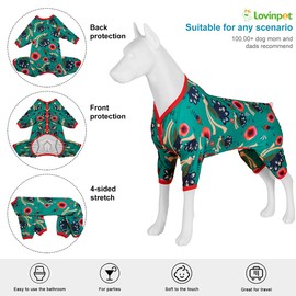 LovinPet Great Dane Clothing for Dogs - Pet Anxiety Relief Shirt, UV Protection Dog Clothes, Comfy Lightweight Fabric, Turquoise Peacock Prints,Large Dog Pjs, Pitbull Clothes,Green 3XL