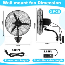 Aurelema 2 Set 22 Inch Wall Mount Fan Oscillating Industrial Heavy Duty Metal 3 Speed Wall Fan, 7500 CFM, with Powerful Cooling, for Commercial Residential Garage Warehouse Workshops Factory