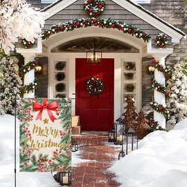 Merry Christmas Garden Flag 12x18 Inch Double Sided, Christmas Red Holly Berry Xmas Winter Holiday Yard Burlap Outdoor Decorative Flag for Christmas Decorations