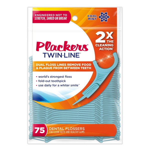 Plackers 303290518 Twin Line Whitening Floss Picks, Blue, 75 Count