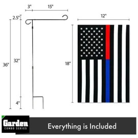 UD_G128 Combo Pack: Garden Flag Stand Black 36x16 Inch & Garden Flag Thin Blue and Red Line 12x18 Inch