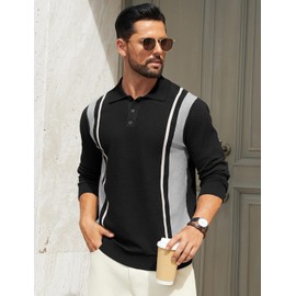 Hardaddy Men's Vintage Striped Polo Sweater Color Block Lightweight Long Sleeve Collared Knit Shirts Black S