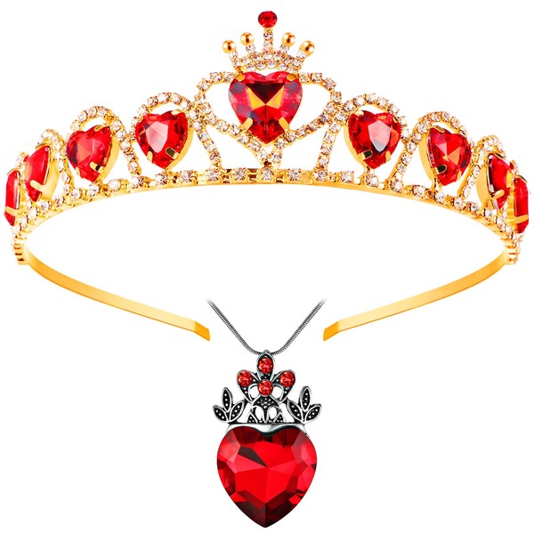 WILLBOND Red Heart Necklace and Tiara Set for Girl Present Red Heart Queen Pendant and Red Heart Headdress Golden Crown for Halloween Dress Up Set Birthday Party