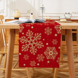 Jayusaror Christmas Table Runner Red Gold Snowflake Xmas Table Runner Seasonal Washable Winter Modern Linen Table Decorations for Party Holiday Kitchen Dining 33 x 183 cm