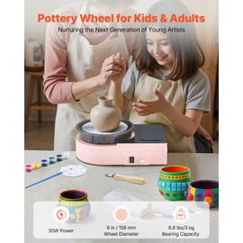 VEVOR Mini Pottery Wheel for Kids and Beginners, 6” Turntable, Two-Way Rotation, Adjustable Speed, Complete Pottery Set with Clay Art Supplies Sculpting Tools, Craft Gifts for Kids Teens Adults, Pink