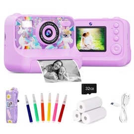 SlowTon Cámara de Impresión Instantanea, 2.4'' 1080P HD Cámara Fotos Infantil con Tarjeta de 32GB y Flash, 40MP Cámara Infantil Digital Sopotar Selfie Vídeo, Regalo para Niños de 3 a 12 Años (Morado)