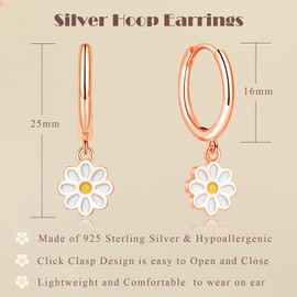 Cangall Silver Hoop Earrings for Women Girls, Rose Gold Drop Hoop Earrings with Daisy Dangling, Hypoallergenic Earrings Rose Gold, Minimalist Cartilage Flower Silver Sleeper Dangle Hoop Earrings