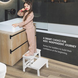 Domax Bamboo Wooden Step Stools for Kids - Toddler Step Stool for Bathroom Sink High Bed Toilet Kitchen Helper Wood Step Stool for Bedside for Adults Non-Slip Waterproof 2 Stepping Stool, White