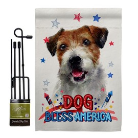 Breeze Decor Patriotic Parson Russell Terrier Garden Flag Set with Stand Animals Dog Puppy Spoiled Paw Canine Fur Pet Nature Farm Animal Creature Small Gift Yard House Banner Made in USA 13 X 18.5