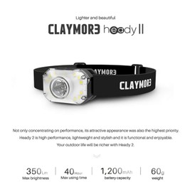 Claymore HEADY2 Black Rechargeable Wearable Light – 350 Lumens Headlamp 3 Light Modes USB-C Rechargeable IP54 Water-Resistant Up to 40 Hrs Runtime for Camping, Running, Outdoor