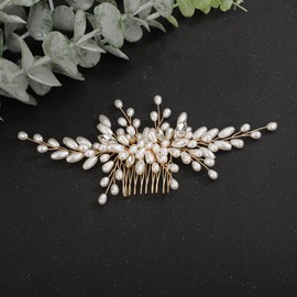 Teyglen Pearl Wedding Hair Comb Bridal Hair Comb with Rhinestone Vintage Pearl Beads Headpiece Handmade Gold Silver Pearl Beads Crystal Hair Piece Hair Accessories for Women Bride Girls (Gold)