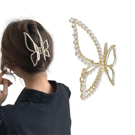 Rannyrena Gold Butterfly Metal Hair Claw Clips with Pearl Crystal Irregular Large Non-Slip Claw Clip Snake Hair Accessories for Women Thin Thick Hair (Gold Pearl Butterfly)