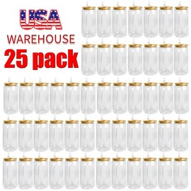 25 Pack(sold by case), 16oz blank sublimation frosted and clear can cups with bamboo lids and plastic straws,USA warehouse 16oz can custom glass drinking Drinkware - Color: Frost(25pcs)