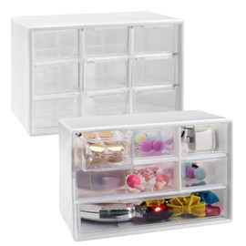 Clear Mini Storage Drawers, Small Desk Organizer with Drawers, Stackable Plastic Organizer with 9 Clear Compartments, Desktop Storage Box for Craft Makeup Jewelry Bead (White)