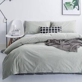 SUSYBAO Green Gingham Duvet Cover King Size 100% Washed Cotton Grid Duvet Cover Set 3 Pieces 1 Green Plaid Duvet Cover with Zipper Ties 2 Pillow Cases Luxury Green Gingham Grid Bedding Set Breathable