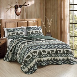 ESCA Farmhouse Rustic Lodge Cottage Boho Brown Bedspread Set King Size 3-Piece Log Cabin Brown Bear Quilt