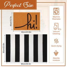 Maasechs 2 Pcs Hi Doormat 24'' x 35'' Black White Stirpes Outdoor Rug and 24'' x 16'' Coir Doormat Welcome Mat Non Slip Floor Mat for Outside Entrance Front Porch(Hi)
