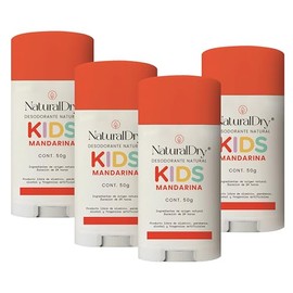 NaturalDry Kids - 4 desodorantes en barra infantiles unisex Naturales para niños y niñas - Sin aluminio - Sin parabenos - Aroma Mandarina - Duración de hasta 24 horas (4 Unidades)
