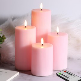Girimax Pink Ribbed Flameless Pillar Candles with Remote, Flat Top Flickering LED Wax Battery Candles Set of 4, Φ 3" H 4" 5" 6" 8"