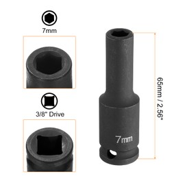 HARFINGTON Deep Impact Socket 3/8" Square Drive by 7mm Metric 6 Point Socket 65mm (2.56") Long CR-MO Steel Industrial Grade Flip Socket for Home Auto Hex Nuts Bolts Repair, Black