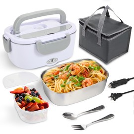 SOHIDA Electric Lunch Box Food Heater, 80W Heated Lunch Box for Adults, 12V 24V 110V Portable Food Warmer LunchBox for Car Truck Work with Removable 304 Stainless Steel Container White