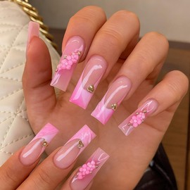 24PCS Press-On Nails with 3D Pink Flowers, Long Square Nails with Leopard and Floral Designs, Cute Full Cover Stick-On Kit for Women & Girls, Good for Fashionable and Trendy DIY Art