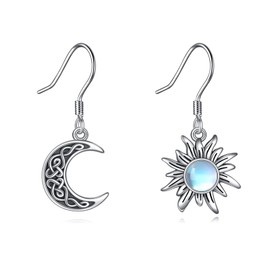 VONALA Sun and Moon Earrings S925 Sterling Silver Crescent Moon Sun Moonstone Dangle Drop Earrings Celestial Jewelry Gifts for Women Daughter Birthday