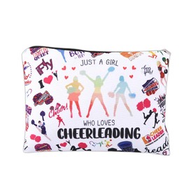 JUST A GIRL WHO LOVES Makeup Bags Pouch Cheerleader Gifts for Girl Women Coach Birthday Party Favor Cheerleading Cheer Stuff Accessory Canvas Cosmetic Skincare Zipper Bag for Travel Storage