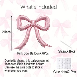 6pcs Pink Bow Foil Balloons Set Bow Mylar Balloons for Coquette Birthday, Baby Girl Shower, Bachelorette Party, Bow Themed Party Decorations, Pink Girl Ballerina Party Decor