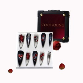COOLYOUNG Black Stiletto Nails, Horror Nails, Burning, Nails Press On, Thick Press On Nails, 10 Pieces Blood False Nails with 1 Gift Box, 1 exquisite Storage Bag and Gel Nail Kit