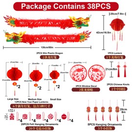 38PCS Chinese New Year Decorations 2026-50in 3D Chinese Dragon Garland - Hanging Dragon Lanterns Set with Horse Year Felt Ornaments - Lunar New Year Spring Festival Home Decor