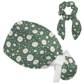 Scrub Hats Women, Surgical Caps for Women with Ponytail Pouch and Buttons, Bouffant Scrub Caps with Bow Scrunchie for Long Hair, White Daisy Floral on Green