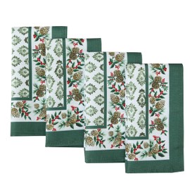 Newbridge Christmas Holly Pinecone Border Set of 4 Fabric Napkins, Holiday Hunter Green Border on White Background Fabric Napkins for Dinner Party and Banquet