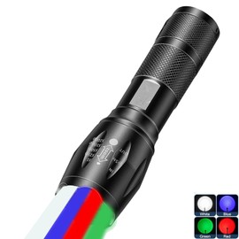 MODOAO Four-Color Rechargeable Flashlight, Red, Blue, White, Green Telescopic Zoom LED Strong Light Flashlight, Waterproof and Suitable for Outdoor Travel, Emergency Rescue (1)