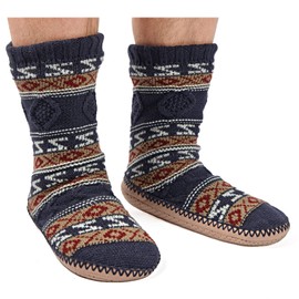 cosyone1997 Men's Slipper Socks, Winter Cable Knit Non-Skid Warm Slipper Socks, Cozy Soft Indoor Socks with Fluffy Sherpa Lined