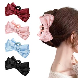 Yonchic 4-Piece Large Satin Bows Hair Claw Clips for Women & Girls, Cute Bow Hair Claws Clip for Thick & Thin Hair, Elegant Hair Accessories (Black & Red & Pink & Blue)