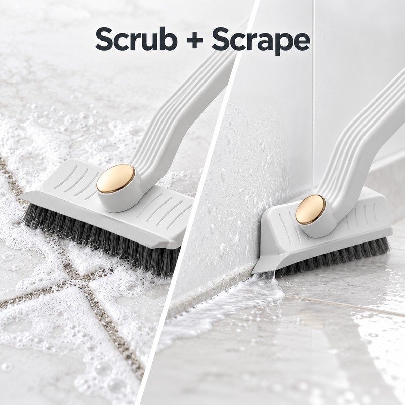 360° Rotating Grout Cleaning Brush with Scraper – Hard Bristle