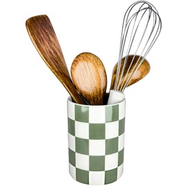 Checkered Utensil Holder, 4.13''x5.71" Utensils Caddy for Kitchen Counter, Medium Size Utensil Crock for Countertop, Utensils Organizer Storage for Parties Dining-Modern Sage Green and White