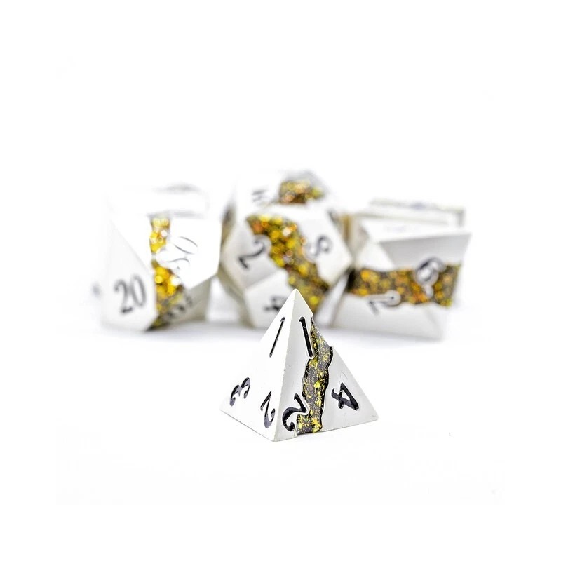 Sage's Rift Stones - Pearl Silver Chartreuse Metal Polyhedral Dice