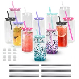 Icesip 16 oz Acrylic Snow Globe Cups Snow Globe Tumbler Double Wall Snowglobe Tumbler with Pre Drilled Hole Clear Plastic Cups with Colorful Lids and Straws for Iced Coffee Boba Juice Soda 12 Pack