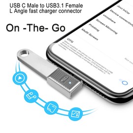 QIANRENON 10Gbps USB C to USB3.1 90° Angle OTG Adapter 120W Type C Male to USB3.1 Female Right Angle Charger Data Connector, Zn Alloy/LED Light, for Phone Laptop Tablet, Silvery/Side Bend, 2Pcs