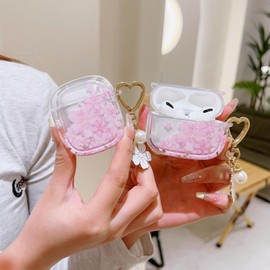 Rertnocnf Case Compatible with 2024 Airpods 4,Cute Fresh Cherry Blossom Pattern Portable Earbud Accessories Transparent Soft TPU Wireless Earphone Shockproof Protector with Flower Keychain