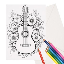 Guitars with Flowers Coloring Cards, 5" x 7", Stationary Set, Easy Adult Coloring A7 Cards with Envelopes, Greeting Cards, DIY Paper Crafting Kit, Musical Instruments Card Set, Set of 8 with Envelopes