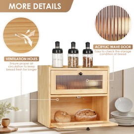 Sunhoo Bread Box for Kitchen Countertop Wooden Bread Storage Container Bin 2 Layer Breadbox Holder Large Capacity Keeper Vintage Farmhouse Food Organizer Pantry Shelf Acrylic Window（Wood color）